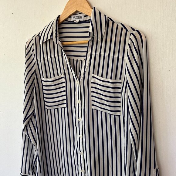 Express Portofino Shirt Womens Small Blue Striped Collared Button Front Nautical - Picture 3 of 7